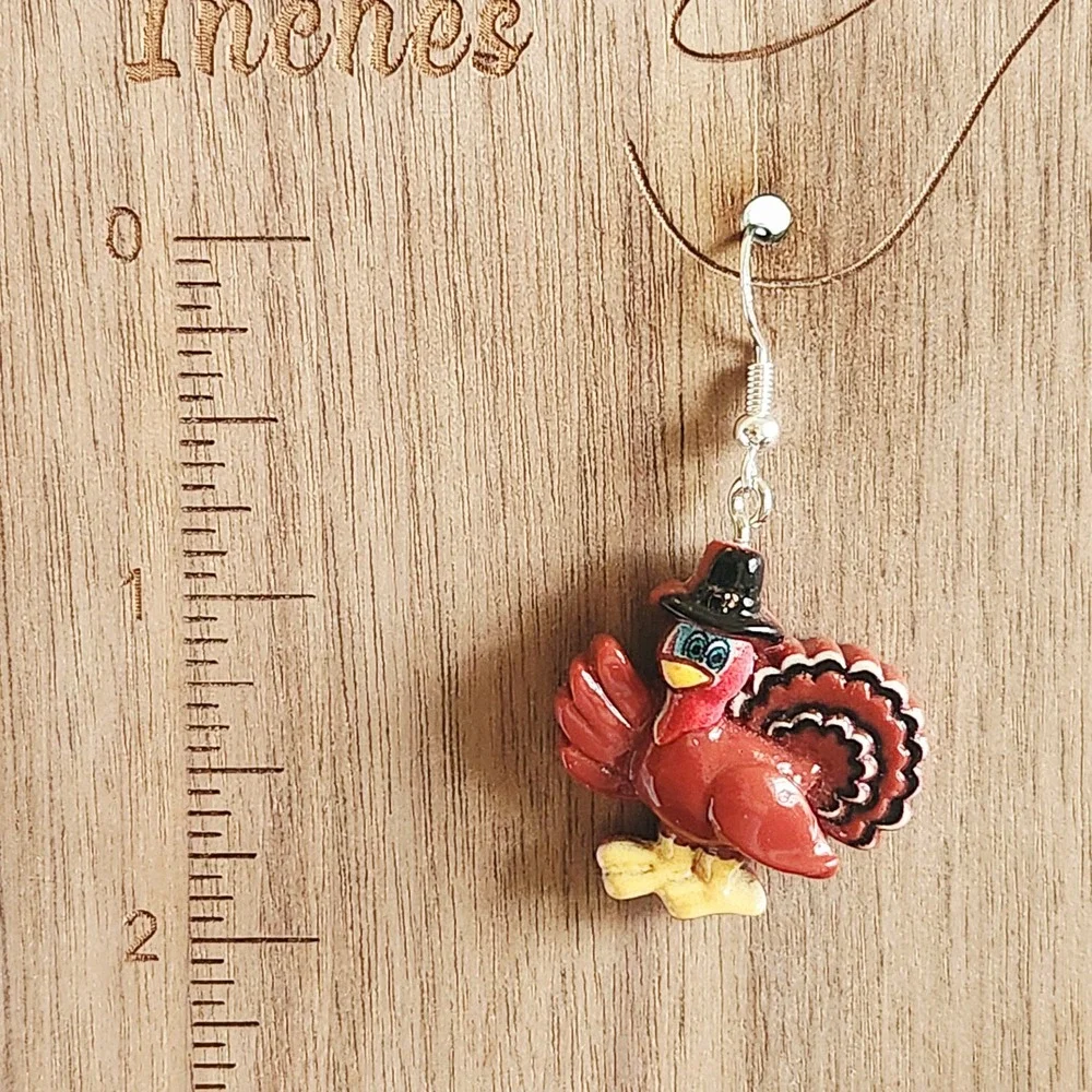Thanksgiving Turkey Pilgrim Hat Drop Earrings‎ Red Holiday Seasonal Jewelry